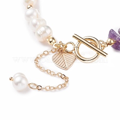 Natural Amethyst & Pearl Beaded Bracelet with Alloy Enamel Heart Charms&nbsp;BJEW-JB08039-03