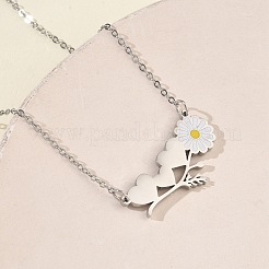 304 Stainless Steel Enamel White Daisy Flower and Heart Pendant Cable Chain Necklaces for Women&nbsp;NJEW-K309-01P