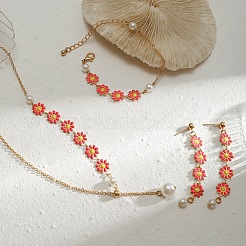 Brass & Alloy Enamel & Plastic Pearl Pendant Necklace & Stud Dangle Earring & Chain Bracelet&nbsp;FS-WGFF44D-02
