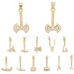 12Pcs 12 Styles Rack Plating Brass Micro Pave Clear Cubic Zirconia Tool Pendants&nbsp;KK-BBC0021-90