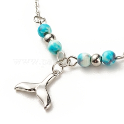 304 Stainless Steel Mixed Shape Charm Anklet with Round Natural White Jade Beads for Women&nbsp;AJEW-AN00498