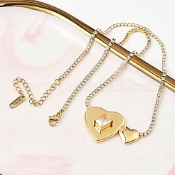 304 Stainless Steel Clear Glass Heart Pendant Rhinestone Tennis Necklaces for Women&nbsp;NJEW-A074-01G