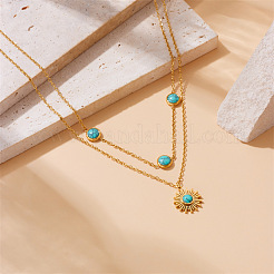 Synthetic Turquoise 304 Stainless Steel Sun Pendant Double Layer Necklaces for Women&nbsp;WG3B16F-01