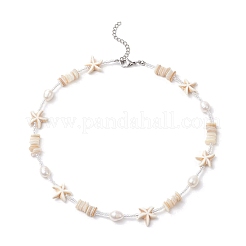 Summer Beach Synthetic Turquoise Starfish & Natural Cultured Freshwater Pearl & Shell & Glass Seed Beaded Necklaces for Women&nbsp;NJEW-TA00198