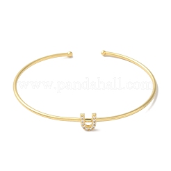 Rack Plating Brass Micro Pave Clear Cubic Zirconia Letter Open Cuff Bangles&nbsp;BJEW-A018-01G-U