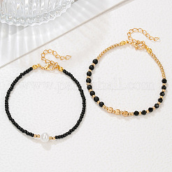 Bohemian Style Plastic Pearl & Brass Cube & Glass Seed Beaded 2-Strand Anklets&nbsp;FS-WG67DAF-01