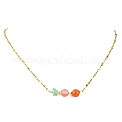 Round Cherry Quartz Glass & Natural Carnelian & Chip Natural Green Aventurine Beaded Pendant 304 Stainless Steel Satellite Chain Necklaces for Women&nbsp;NJEW-JN06158-03