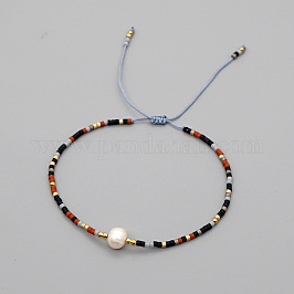 Adjustable Glass Seed Bead Braided Bead Bracelets for Women, with Natural Freshwater Pearls & Brass, Colorful, 11.02 inch(28cm)