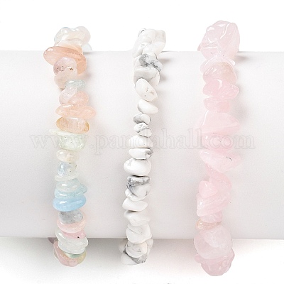 Chips Natural Rose Quartz & Morganite & Howlite Beaded Stretch Bracelets Sets&nbsp;BJEW-JB05332-04-1
