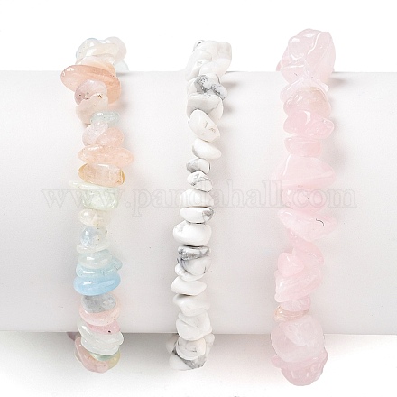Chips Natural Rose Quartz & Morganite & Howlite Beaded Stretch Bracelets Sets&nbsp;BJEW-JB05332-04-1