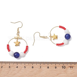 Independence Day 3 Pairs 3 Styles Natural Mashan Jade & Natural Carnelian & Natural White Jade & Natural Yellow Jade & Natural Malaysia Jade & Glass Seed Beaded & Brass Dangle Earrings&nbsp;EJEW-MZ00720