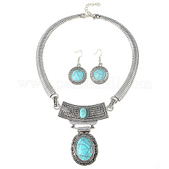 Oval Synthetic Turquoise Pendant Necklaces & Dangle Earrings Sets. Alloy Jewelry Sets&nbsp;FS-WGD3387-01