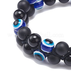Natural Black Agate(Dyed) & Eyeless Obsidian & Resin Evil Eye Braided Bead Bracelet&nbsp;BJEW-JB08840-03