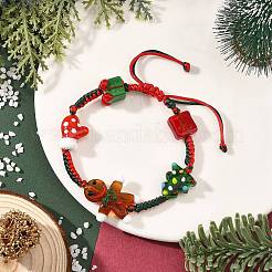 Adjustable Handmade Lampwork Christmas Tree Gift Box Gingerbread Man Braided Bead Bracelets for Women&nbsp;BJEW-TA00753