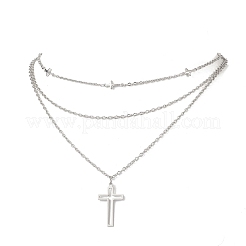 304 Stainless Steel Religion Cross Pendant 3 Layer Necklaces for Women&nbsp;NJEW-JN05480
