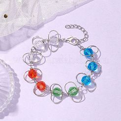 Copper Wire Wrapped Colorful Faceted Glass Round Bead Link Bracelets for Women&nbsp;BJEW-JB10320