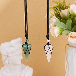 Natural Rose Quartz Cone Braided Pendant Necklace&nbsp;NJEW-SZ0001-59E