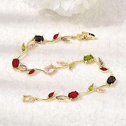 Leaf Brass Micro Pave Cubic Zirconia Link Chain Bracelets for Women&nbsp;BJEW-D455-01G-07