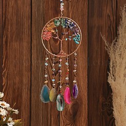 7 Chakra Copper Wire Wrapped Natural & Synthetic Mixed Stone Chips Tree of Life Suncatchers&nbsp;HJEW-F027-06
