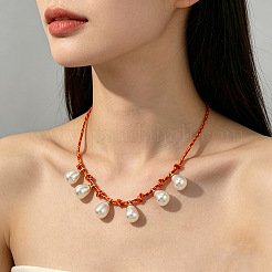 Imitation Pearl Teardrop Tassel Adjustable Braided Cotton Cord Necklaces for Women&nbsp;WGB1457-02