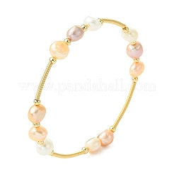Nuggets Natural Cultured Freshwater Pearl & Brass Beaded Bangles&nbsp;BJEW-JB13979