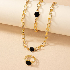 Hexagon Alloy Enamel Cable Chain Necklaces & Bracelets & Rings Sets&nbsp;FS-WGE6E3B-01