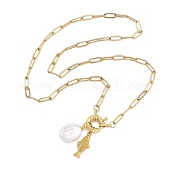 Ocean 304 Stainless Steel Fish and Natural Baroque Keshi Pearl Coin Bead Pendant Paperclip Chain Necklaces for Women&nbsp;NJEW-JN06327