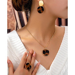 Flat Round Alloy Leopard Print Flocking Pendant Necklace & Stud Dangle Earring & Ring Sets for Women&nbsp;FS-WG76AFD-01