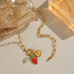 European Style 304 Stainless Steel Enamel Red Strawberry & Natural Shell Pendant Necklaces for Women&nbsp;FA9664