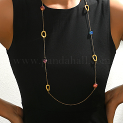French Stainless Ssteel Twisted Oval with Colorful Glass Beads Long Link Chain Necklaces for Women&nbsp;XI4819