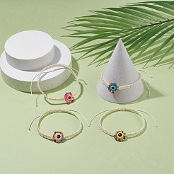 Flat Round with Evil Eye Glass & Resin Braided Bead Bracelet for Women&nbsp;BJEW-JB08077