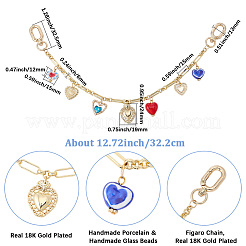Handmade Porcelain & Glass Heart Charm Brass Decorative Chains&nbsp;HJEW-BM00030