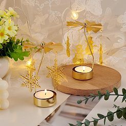Iron Rotating Wooden Horse Tealight Candle Holder&nbsp;AJEW-FG0001-21G