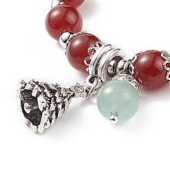 Natural Red Agate Carnelian(Dyed & Heated) & Green Aventurine Stretch Bracelet with Alloy Christmas Tree Charm&nbsp;BJEW-TA00124