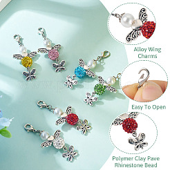 6Pcs 6 Colors Angel & Butterfly Alloy Beaded & Polymer Clay Pave Rhinestone Beaded Pendant Decoration&nbsp;HJEW-TA00339