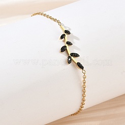 304 Stainless Steel Rhinestone Leaf Link Bracelets&nbsp;SA-CBA5F76-03G-02