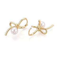 Brass ABS Imitation Pearl Bowknot Hoop Earrings&nbsp;KK-T077-27G