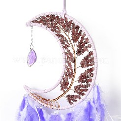 Natural Strawberry Quartz Chips Beaded Tree of Life Moon with Feather Pendant Decorations&nbsp;HJEW-M004-06