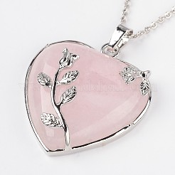 Brass Natural Rose Quartz Pendant Necklaces&nbsp;NJEW-JN01274-01