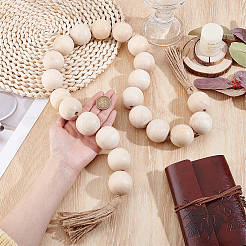 Wood Round Bead with Jute Cord Tassel Display Decorations&nbsp;HJEW-PH02453