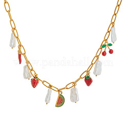 Ocean 304 Stainless Steel Enamel Red Strawberry Watermelon & Natural Freshwater Pearl Pendant Paperclip Chain Bib Necklaces for Women&nbsp;VT2303