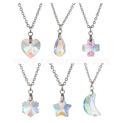 6Pcs 6 Styles Electroplated Clear AB Glass Star Moon Heart Pendant Necklaces&nbsp;NJEW-JN05146