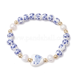 Handmade Flower Printed  Porcelain Ceramic & Natural Cultured Freshwater Pearl Beads Stretch Bracelets for Women&nbsp;BJEW-JB12877