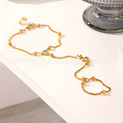 304 Stainless Steel Pave Clear Cubic Zirconia Heart Link Ring Bracelets for Women&nbsp;WGBEB4D-01