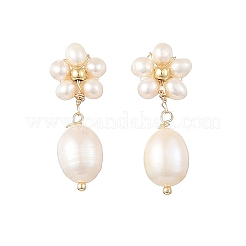 Brass & Natural Cultured Freshwater Pearl Stud Dangle Earrings&nbsp;EJEW-JE07493