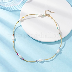 Natural Amethyst & Carnelian & Agate & Amazonite & Green Aventurine Faceted Round & Natural Pearl Rice & Brass Curved Tube Beaded Necklaces&nbsp;NJEW-JN05534