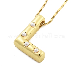 Brass & Plastic Pearl Letter Pendant Box Chain Necklaces for Women&nbsp;NJEW-U017-01G-12