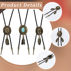 3Pcs 3 Styles Black PU Imitation Leather Alloy Pave Synthetic Turquoise Feather Cowboy Hat Polo Tie Lariat Necklaces for Men&nbsp;NJEW-GF0001-17