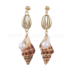 Alloy Natural Shell Beaded Dangle Stud Earrings&nbsp;EJEW-JE06268