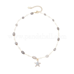3Pcs 3 Styles Brass Handmade Natural Morganite & Amethyst & Labradorite Nuggets Link Chain Alloy Enamel Starfish Pendant Necklaces for Women&nbsp;NJEW-JN05366